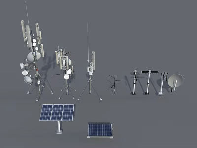 Industrial Equipment Set Featuring Satellite Dishes Antennas Solar Panels And Tripod Stands 3d model