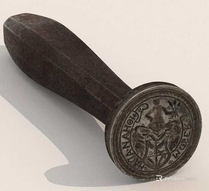 Antique Wooden Handle Seal Featuring Detailed Engraved Crest And Vintage Design 3d model 