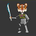 Stylized Pixel Art Character With Tiger Head Skeleton Body Glowing Sword And Green Vest