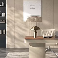 Contemporary Work Desk With Wooden Top Laptop Papers Lamp And Comfortable Chair On Rug