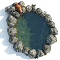 Garden Featuring Circular Stone Pond with Clay Pot Pouring Rippling Water and Mossy Stones