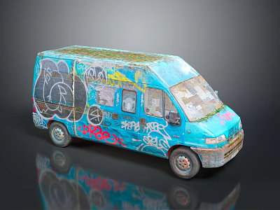 Blue Vintage Van Covered With Colorful Graffiti And Street Art Design 3d model