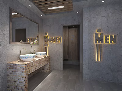 Public Restroom With Men Women Signs Brick Washbasin Counter Mirror Wooden Ceiling 3d model