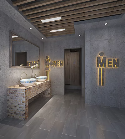Public Restroom With Men Women Signs Brick Washbasin Counter Mirror Wooden Ceiling 3d model