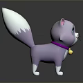 Cute Purple And White Cartoon Cat 3D Model With Purple Collar Bell On Dark Reflective Background