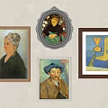 Framed Artworks Including Portraits And Abstract Paintings Hanging On Wall