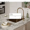 Modern Kitchen Sink With Gold Faucet On Marble Countertop And Cabinets