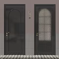 Two Black Doors With Glass Panel Pink Wall White Tiles And Wall Lamp Decor
