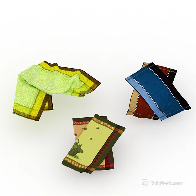 Colorful Patterned Towels Featuring Green Blue Yellow Edges And Elephant Design 3d model 