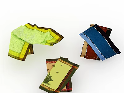 Colorful Patterned Towels Featuring Green Blue Yellow Edges And Elephant Design 3d model