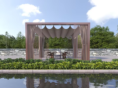 Modern Wooden Pergola Surrounded by Green Plants Water Pool With Table Chairs Under White Clouds 3d model