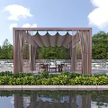 Modern Wooden Pergola Surrounded by Green Plants Water Pool With Table Chairs Under White Clouds