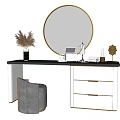 Modern Dressing Table With Round Gold Frame Mirror Black Countertop White Drawers And Grey Stool