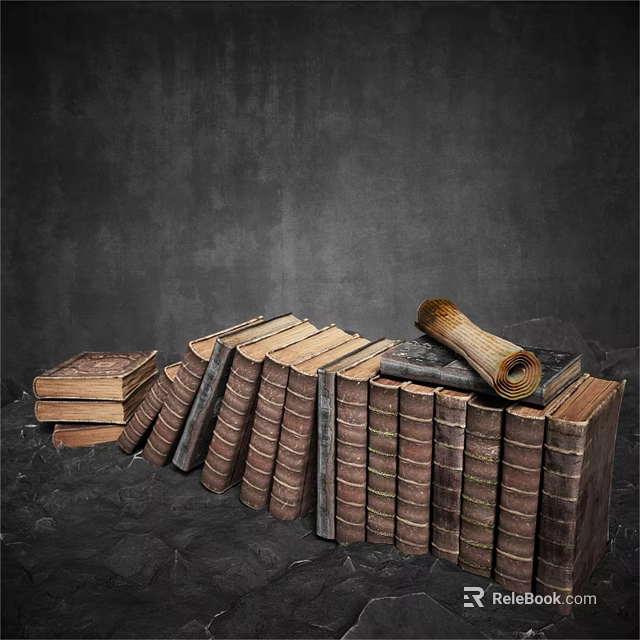 Vintage Books Collection With Stacked Bound Volumes And Ancient Scroll On Dark Textured Background 3d model 