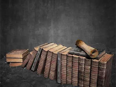 Vintage Books Collection With Stacked Bound Volumes And Ancient Scroll On Dark Textured Background 3d model