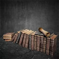 Vintage Books Collection With Stacked Bound Volumes And Ancient Scroll On Dark Textured Background