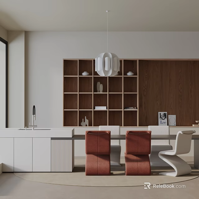 Modern Dining Table Set With Red Chairs White Chair Wooden Backdrop And Pendant Light 3d model 