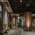 Warm Restaurant Entrance With Stone Columns Wooden Panels And Green Plants