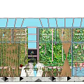 Modern Cafe Interior Design With Glass Windows Green Plant Wall Wooden Tables And Decorative Flowers