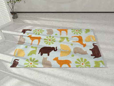 Square Carpet with Animal and Flower Patterns in Colorful Design for Home Living Room 3d model
