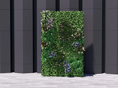 Modern Green Plant Wall With Lush Greenery Purple Flowers And Black Columns 3d model