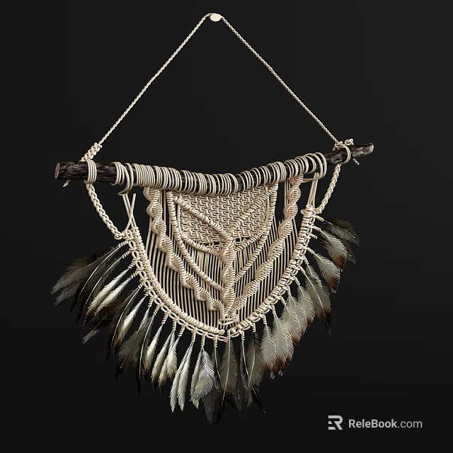 Handmade Bohemian Macramé Wall Hanging With Feathers And Knotted Design 3d model 