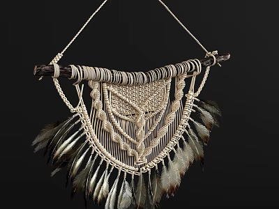 Handmade Bohemian Macramé Wall Hanging With Feathers And Knotted Design 3d model