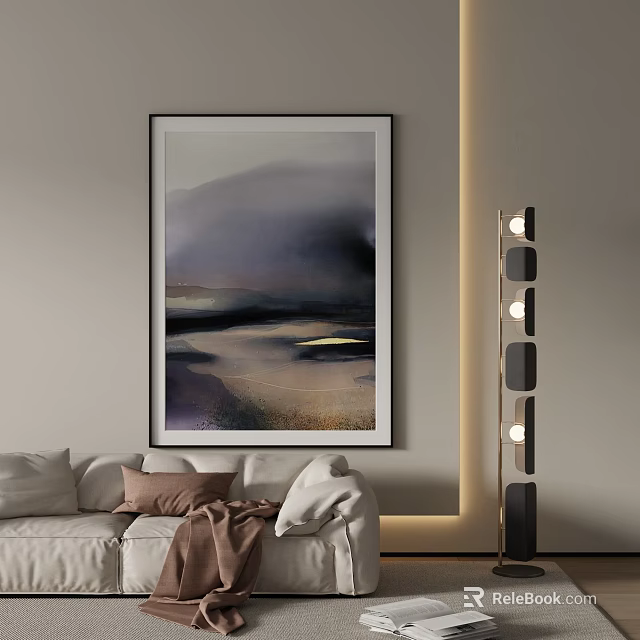 Abstract Landscape Painting in Modern Living Room with White Sofa and Floor Lamp 3d model 