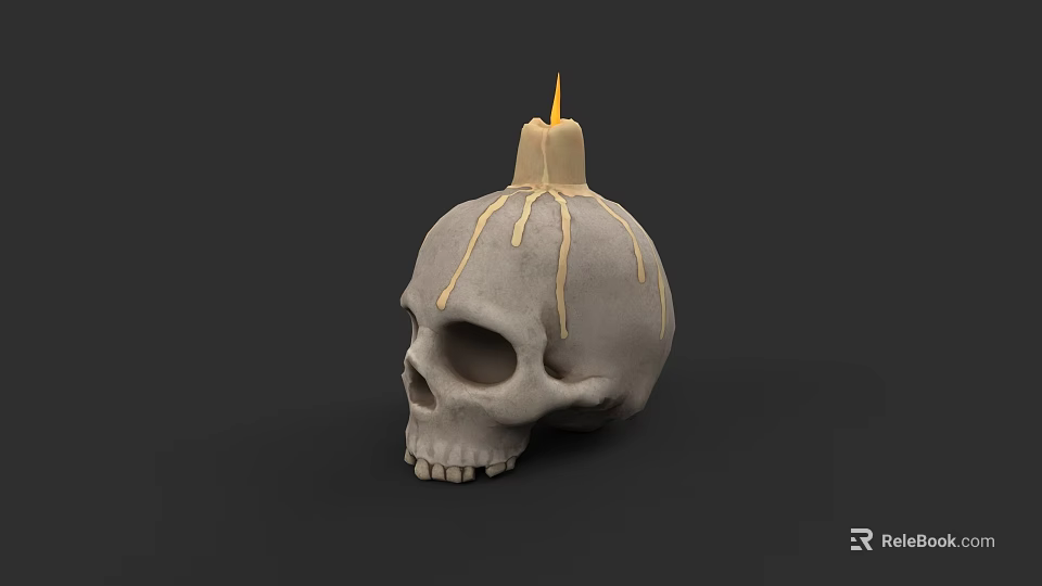 Intricate Skull Sculpture With Lit Candle And Dripping Wax Details 3d model 