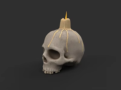 Intricate Skull Sculpture With Lit Candle And Dripping Wax Details 3d model