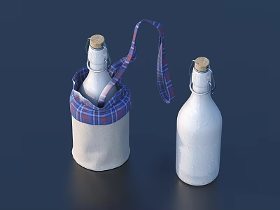 Two White Glass Bottles One In Plaid Fabric Carrier With Strap 3d model