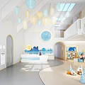 Bright Children Activity Space Interior With Bookshelves Coffee Bar And Kids Playing