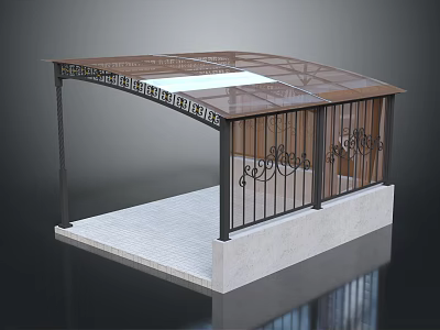 Covered Station With Ornate Metal Railings Glass Roof Concrete Base And Tile Floor 3d model