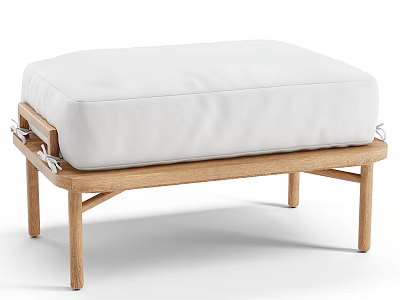 Modern Wooden Ottoman With White Upholstered Cushion And Natural Solid Legs Design 3d model