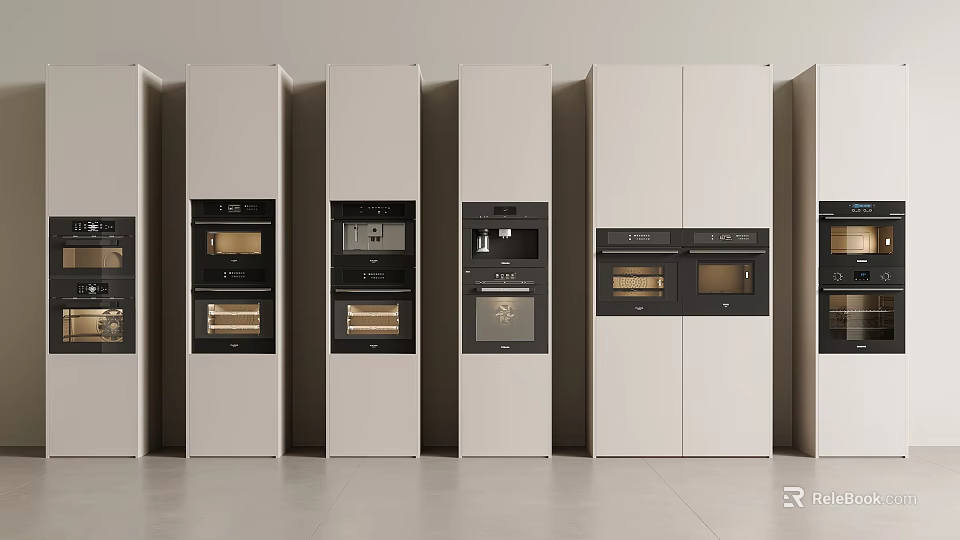 Modern Minimalist Kitchen With Built In Various Kitchen Appliances In White Cabinets 3d model 