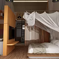 Modern Hotel Room Interior With Comfortable Sofa Wooden Decor TV And Chandelier