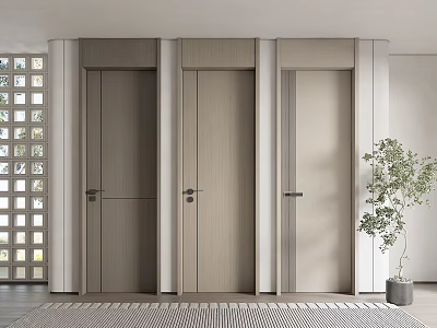 Modern Minimalist Hinged Doors In Light Wood Tone Interior With Window Panel And Green Plant 3d model