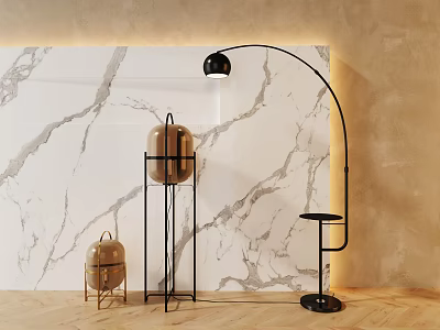 Modern Arched Floor Lamp With Black Metal Stand And Golden Decor Against Marble Wall 3d model