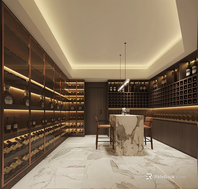 Elegant Wine Cellar Interior With Wine Racks Marble Counter Bar Chairs And Hanging Lights 3d model 