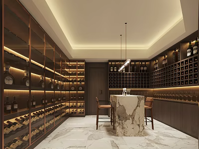 Elegant Wine Cellar Interior With Wine Racks Marble Counter Bar Chairs And Hanging Lights 3d model