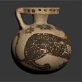 Handcrafted Ceramic Jar With Handle And Floral Animal Carvings On Brown Surface