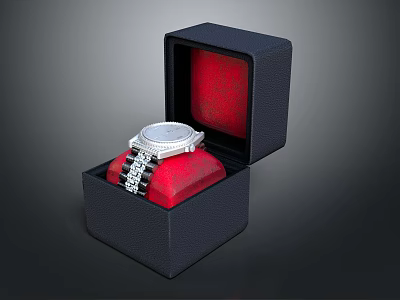 Elegant Wristwatch with Silver Band and White Dial in Black Box Red Interior 3d model