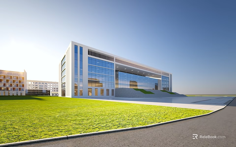 Modern School Building With Glass Curtain Walls Green Lawn Road And Blue Sky 3d model 