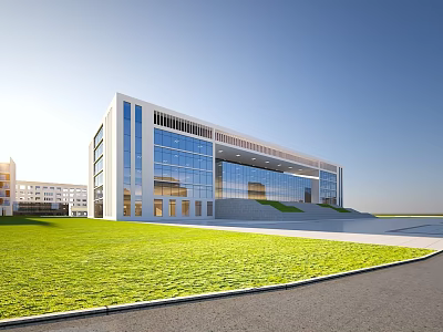 Modern School Building With Glass Curtain Walls Green Lawn Road And Blue Sky 3d model
