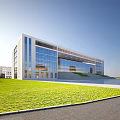 Modern School Building With Glass Curtain Walls Green Lawn Road And Blue Sky