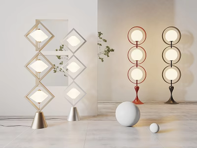 Modern Floor Lamps With Diamond And Circular Designs Metallic Red Black Bases In Minimalist Interior 3d model
