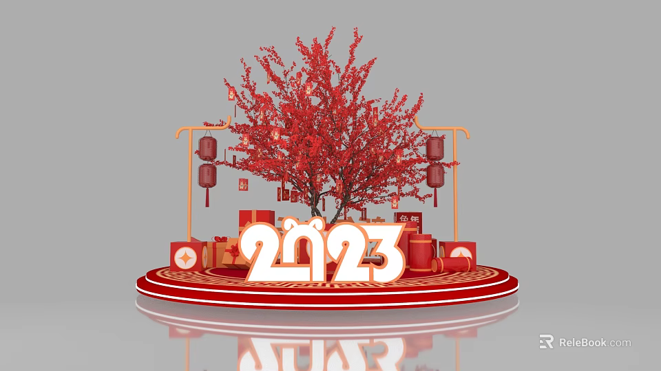 New Year 2023 Decorative Setup With Red Plum Tree Lanterns And Gift Boxes 3d model