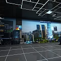 Modern Control Room With Large Display Screen Showing City Buildings And Data Charts