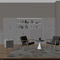 Casual Sofa Set With Gray Accent Chairs Wooden Legs White Cabinets Bookshelf And Geometric Rug