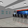 Modern Monitoring Room With Large Monitoring Screens Control Desks Chairs And Bulletin Boards